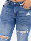 WOMEN'S BUTTON CLOSURE DISTRESS STRETCH DENIM JEANS