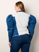 PLUS SIZE LONG PUFF SLEEVE BUTTON CLOSURE COLORBLOCK DENIM JACKET