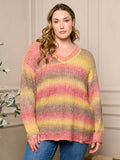 PLUS SIZE LONG SLEEVE V-NECK PULLOVER COLORBLOCK DISTRESS SWEATER