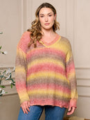 PLUS SIZE LONG SLEEVE V-NECK PULLOVER COLORBLOCK DISTRESS SWEATER