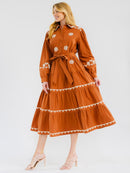 WOMEN'S LONG SLEEVE BUTTON UP TIERED EMBROIDERY MAXI DRESS