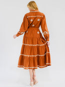 WOMEN'S LONG SLEEVE BUTTON UP TIERED EMBROIDERY MAXI DRESS