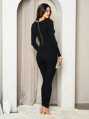 WOMEN'S LONG SLEEVE RIBBED FRONT CUT OUT JUMPSUIT