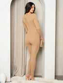 WOMEN'S LONG SLEEVE RIBBED FRONT CUT OUT JUMPSUIT