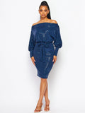 WOMEN'S LONG SLEEVE OFF SHOULDER SELF TIE BODYCON SEQUINS MINI DRESS