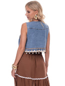 WOMEN'S SLEEVELESS OPEN FRONT DETAILED DENIM VEST