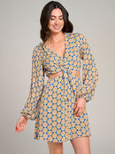 WOMEN'S LONG SLEEVE V-NECK CUT OUT PRINTED MINI DRESS