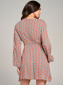 WOMEN'S LONG SLEEVE V-NECK CUT OUT PRINTED MINI DRESS