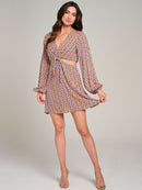 WOMEN'S LONG SLEEVE V-NECK CUT OUT PRINTED MINI DRESS