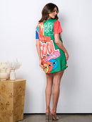 WOMEN'S SHORT SLEEVE TUNIC GRAPHIC MULTI MINI DRESS