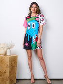 WOMEN'S SHORT SLEEVE GRAPHIC TUNIC MULTI PRINT MINI DRESS