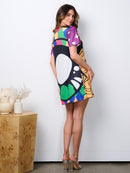 WOMEN'S SHORT SLEEVE TUNIC GRAPHIC MULTI PRINT MINI DRESS
