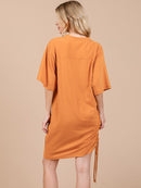 WOMEN'S SHORT SLEEVE V-NECK SIDE RUCHED GRAPHIC MINI DRESS