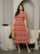 WOMEN'S SHORT SLEEVE SMOCKED BODICE TIERED MIDI DRESS