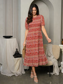 WOMEN'S SHORT SLEEVE SMOCKED BODICE TIERED MIDI DRESS