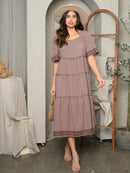 WOMEN'S SHORT SLEEVE TIERED EMBROIDERY MAXI DRESS