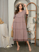 WOMEN'S SHORT SLEEVE TIERED EMBROIDERY MAXI DRESS