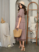 WOMEN'S SHORT SLEEVE TIERED EMBROIDERY MAXI DRESS