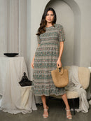 WOMEN'S SHORT SLEEVE SMOCKED BODICE TIERED MIDI DRESS