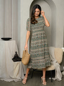 WOMEN'S SHORT SLEEVE SMOCKED BODICE TIERED MIDI DRESS