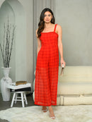 WOMEN'S SLEEVELESS RUFFLE PLAID JUMPSUIT