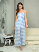 WOMEN'S SLEEVELESS RUFFLE PLAID JUMPSUIT