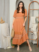 WOMEN'S SHORT SLEEVE TIERED EMBROIDERY MAXI DRESS