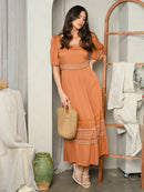 WOMEN'S SHORT SLEEVE TIERED EMBROIDERY MAXI DRESS