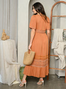 WOMEN'S SHORT SLEEVE TIERED EMBROIDERY MAXI DRESS