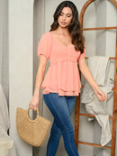 WOMEN'S SHORT SLEEVE SMOCK RUFFLE TOP