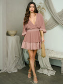 WOMEN'S SHORT SLEEVE V-NECK SMOCK WAIST MINI DRESS