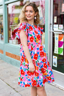 Love Found Pink Floral Smocked Ruffle Sleeve Tiered Dress (Open Pack)