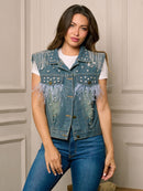 WOMEN'S SLEEVELESS BUTTON UP STUDS DENIM VEST