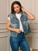 WOMEN'S SLEEVELESS BUTTON UP STUDS DENIM VEST