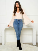 WOMEN'S LONG BELL SLEEVE V-NECK BUTTON UP TOP