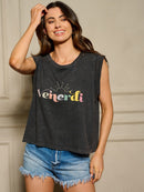 WOMEN'S SLEEVELESS GRAPHIC WAHSED DISTRESS TOP