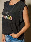 WOMEN'S SLEEVELESS GRAPHIC WAHSED DISTRESS TOP