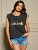 WOMEN'S SLEEVELESS GRAPHIC WAHSED DISTRESS TOP