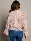 WOMEN'S LONG BELL SLEEVE NECK TIE FLORAL PEPLUM BLOUSE TOP