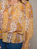 WOMEN'S LONG BELL SLEEVE NECK TIE FLORAL PEPLUM BLOUSE TOP