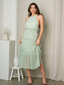 WOMEN'S SLEEVELESS OPEN BACK HALTER NECK POLKA DOT MIDI DRESS
