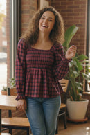 Sweetheart Smocked Cranberry Plaid Top (Open Pack)