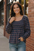Sweetheart Smocked Navy Plaid Top (Open Pack)