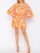 WOMEN'S OFF SHOULDER SMOCK WAIST POCKETS LEAF PRINT ROMPER