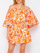 WOMEN'S OFF SHOULDER SMOCK WAIST POCKETS LEAF PRINT ROMPER