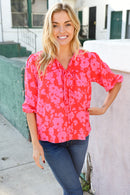New Day Red Ribbon Bow Detail Floral Woven Blouse (Open Pack)