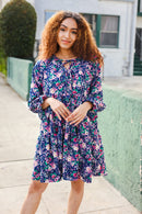 Feeling Joyful Navy Floral Bow Tie Babydoll Long Ruffle Sleeve Dress (Open Pack)