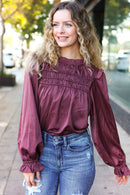Be Your Best Wine Satin Shirred Yoke Frilled Mock Neck Holiday Top (Open Pack)