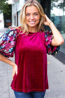 Diva Dreams Wine Floral Sequin Puff Sleeve Velvet Holiday Top (Open Pack)