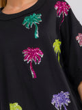 WOMEN'S SHORT SLEEVE SEQUINS GRAPHIC HIGH-LOW OVERSIZED SHIRT